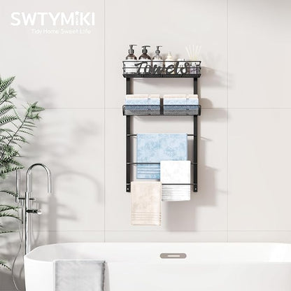 SWTYMIKI Over the Door Towel Racks for Bathroom - 5-Tier Wall Mounted Bathroom Towel Storage Organizer Holder with Metal Shelf, Black