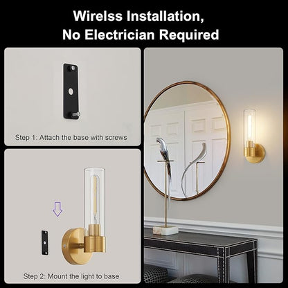 Brushed Gold Wireless Wall Sconce Set of 2, 12000 mAh Battery Operated Wall Lights with Remote Control, Rechargeable Dimmable Wall Lamps for Bedroom Bathroom Living Room Hallway Stairwell, 3000K