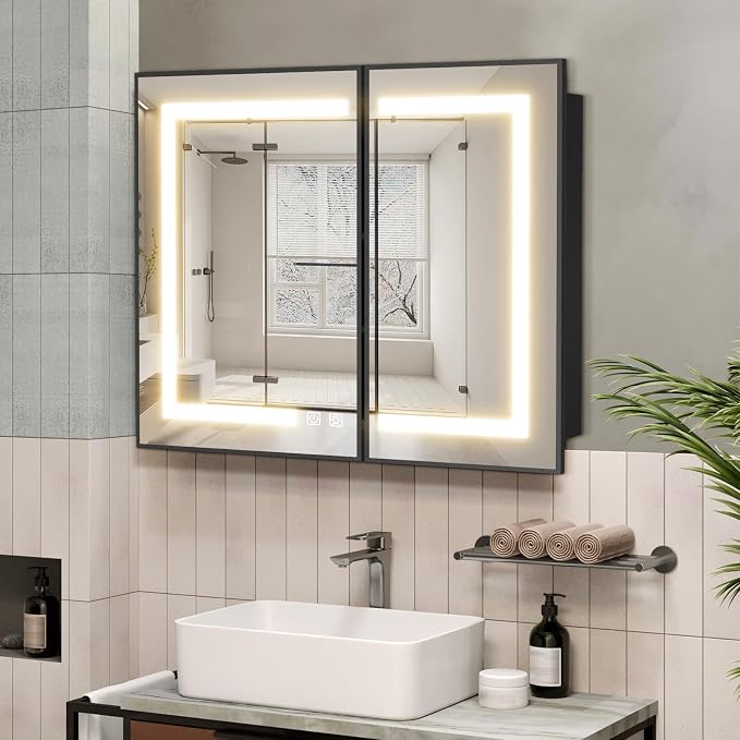 ROOMTEC 36 x 30 Inch Medicine Cabinet Mirror with LED Lights, Black Bathroom Medicine Cabinet with Mirror and Storage, Recessed or Wall Mount, 3 Color Temperature, Dimmable Light