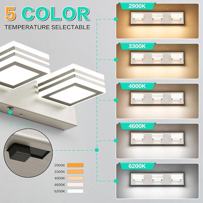 SOLFART LED Bathroom Vanity Light Fixtures： 3 Light Brushed Nickel Modern Acrylic Bathroom Wall Lighting Fixtures Over Mirror 20in 5CCT
