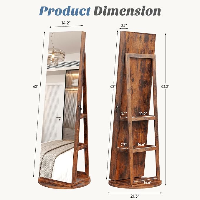 DUMOS 6 LEDs Standing Jewelry Armoire Cabinet, Full Length Mirror, Lockable | 360° Swivel, Jewelry Organizer and Storage, Build-in Mirror, Foldable Makeup Tray, Additional Storage Shelf, Rustic Brown