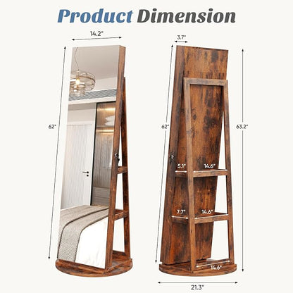 DUMOS 6 LEDs Standing Jewelry Armoire Cabinet, Full Length Mirror, Lockable | 360° Swivel, Jewelry Organizer and Storage, Build-in Mirror, Foldable Makeup Tray, Additional Storage Shelf, Rustic Brown
