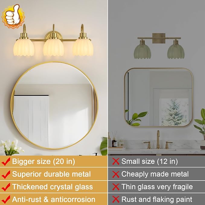 Bathroom Light Fixtures (3-Light, 20 Inch), Brushed Gold Vanity Lights for Bathroom with Ribbed Milk Tulip Glass Shade, Vintage Vanity Wall Lights for Mirror Bedroom Living Room Hallway