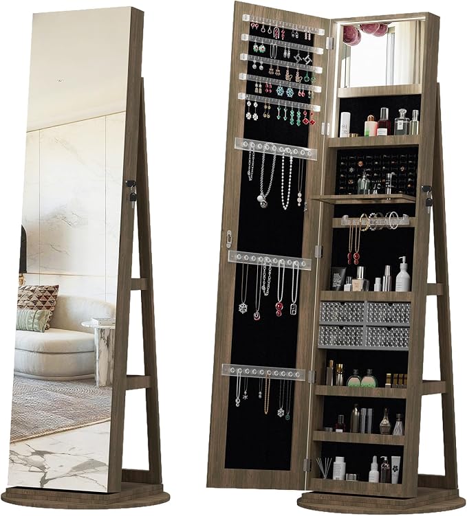 Jewelry Armoire with Full Length Mirror - 360° Swivel Standing Floor Mirror Jewelry Cabinet, Lockable Storage Organizer , 3 Shelves & Drawers,Tall Mirror with Storage for Women (Antique brown)