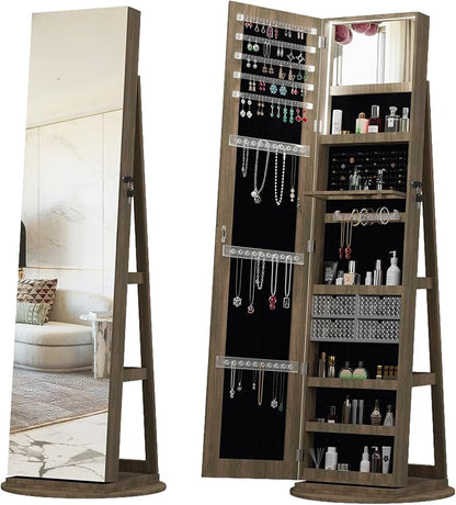 Jewelry Armoire with Full Length Mirror - 360° Swivel Standing Floor Mirror Jewelry Cabinet, Lockable Storage Organizer , 3 Shelves & Drawers,Tall Mirror with Storage for Women (Antique brown)