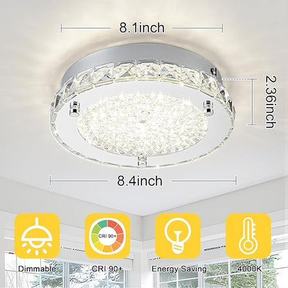 Flush Mount Crystal Ceiling Light Modernn Ceiling Mounted Light Hallway Light Fixtures LED 4000K Round Ceiling Light 8 Inch for Small Space, Bedroom, Foyer, Entryway, Bathoom, Kitchen