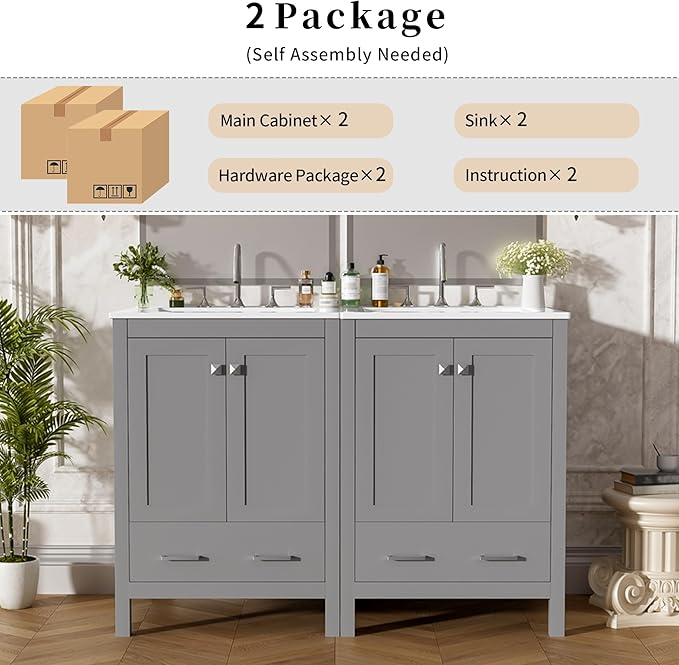 Favfurish 48" Bathroom Vanity with Ceramic Double Sink, Undermount Double Basin Vanity Set w/2 Divided Drawers and 4 Double-Layer Soft Close Doors & Built-in Shelf, Freestanding Storage Cabinet,Gray