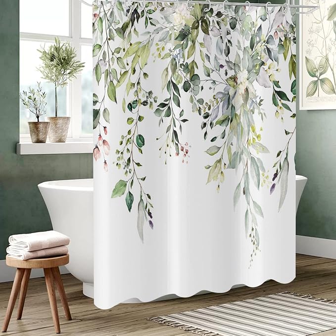 Eucalyptus Shower Curtain, Watercolor Green Leaves on The Top Plant with Floral Bathroom Curtain Bathtub Home Decor Waterproof Fabric Machine Washable with 12 Hooks