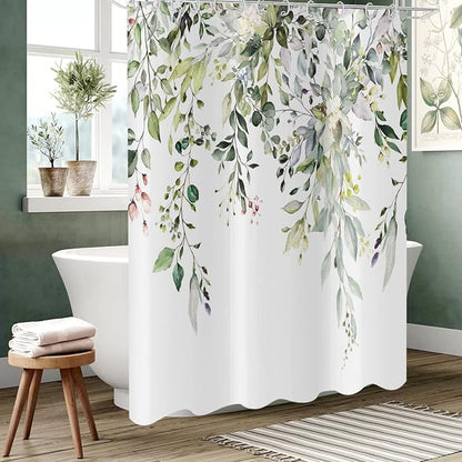 Eucalyptus Shower Curtain, Watercolor Green Leaves on The Top Plant with Floral Bathroom Curtain Bathtub Home Decor Waterproof Fabric Machine Washable with 12 Hooks