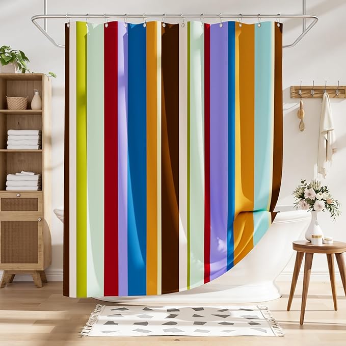 AmazerBath Colorful Vertical Stripes Shower Curtain, Cute Stripe Bathroom Shower Curtain Set with 12 Shower Curtain Hooks, Rustic Fabric Shower Curtain, 72x72 Inches