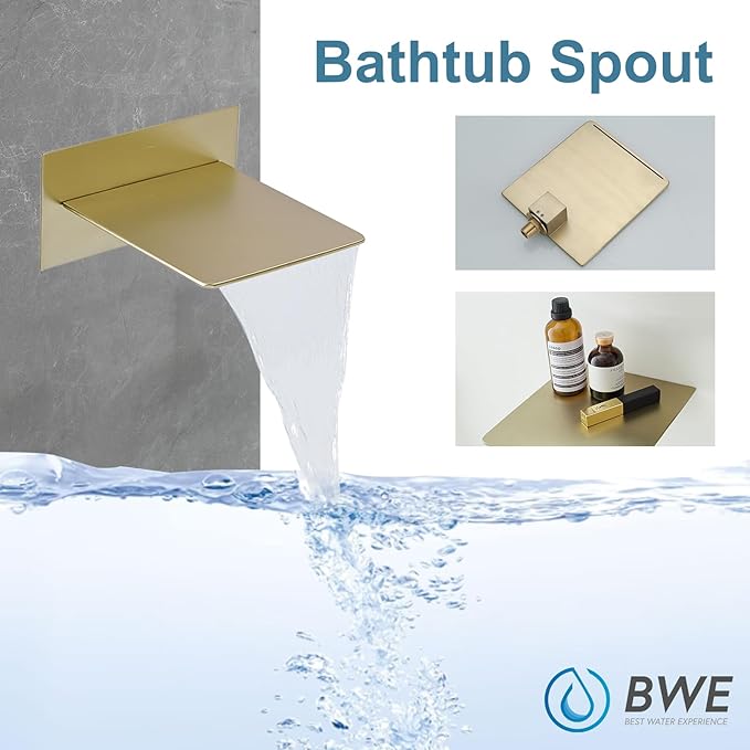 BWE Brushed Gold Wall Mount Tub Faucet with Waterfall Tub Spout Wall Mounted Bathtub Faucet Modern Single Handle Tub Filler Shower Faucet Set