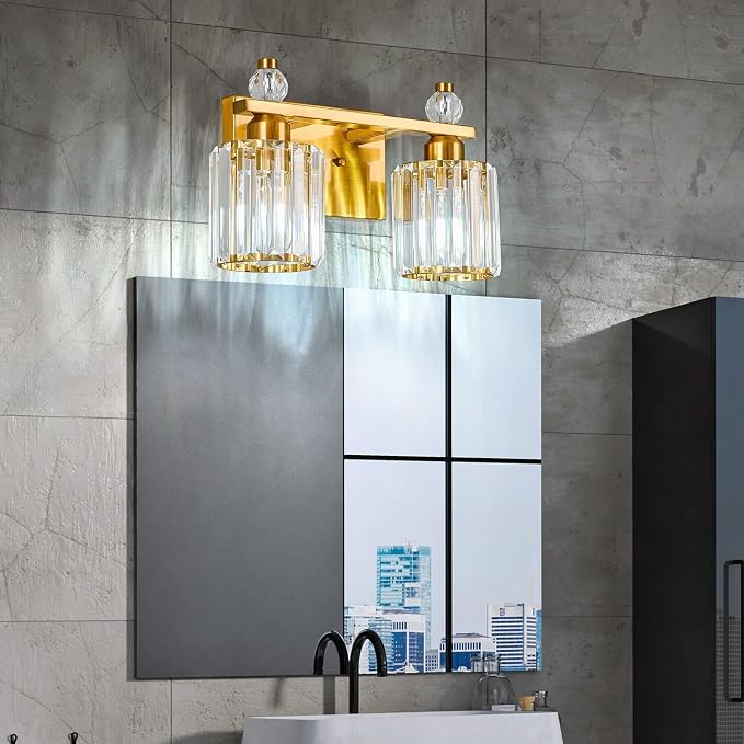 Bathroom Vanity Lights 2-Light Gold Modern Crystal Vanity Light Fixtures Over Mirror Crystal Bathroom Vanity Lighting Fixtures