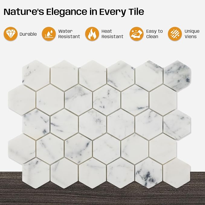 2 Inch Hexagon White Marble Mosaic Tile for Wall Floor, 5 Sheets | Water & Heat Resistant Honed Marble Backsplash Tiles for Kitchen Bathroom Fireplace Surround Durable Unique Veins 3.5SQFT