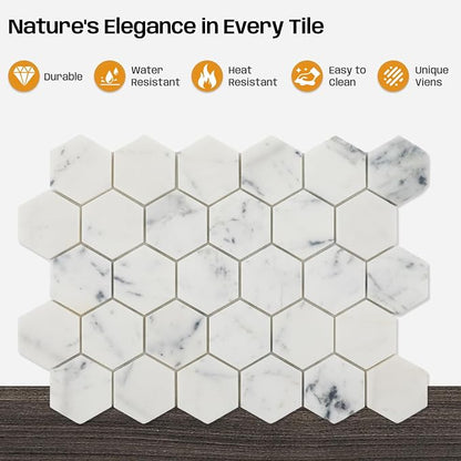 2 Inch Hexagon White Marble Mosaic Tile for Wall Floor, 5 Sheets | Water & Heat Resistant Honed Marble Backsplash Tiles for Kitchen Bathroom Fireplace Surround Durable Unique Veins 3.5SQFT