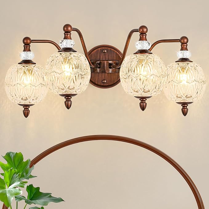 Vintage Bathroom Vanity Light, 4-Light Antique Red Bronze Finish Wall Sconce with Globe Glass Shades, Retro Mirror Light for Bathroom, Powder Room