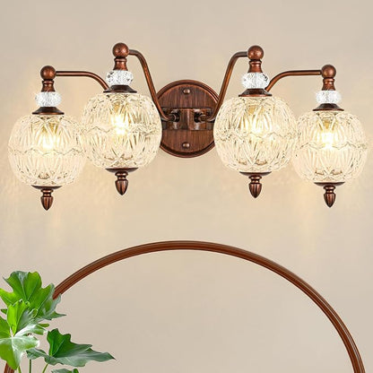 Vintage Bathroom Vanity Light, 4-Light Antique Red Bronze Finish Wall Sconce with Globe Glass Shades, Retro Mirror Light for Bathroom, Powder Room