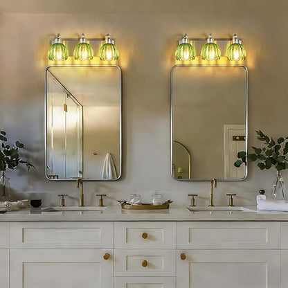 3-Light Vanity Lights with Green Tulip Glass Shade, Brushed Nickel Bathroom Lighting Fixture Over Mirror, Vintage Vanity Wall Sconce Lamp for Kitchen Living Room Hallway