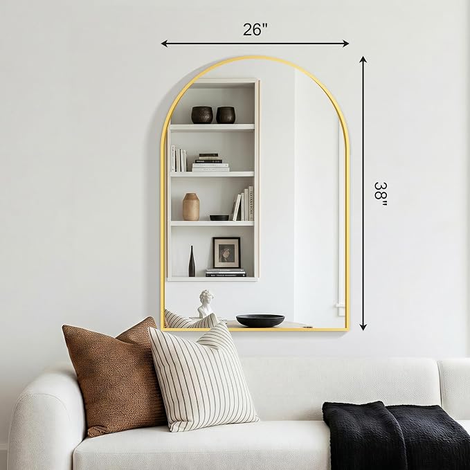 FGU Arched Bathroom Mirror for Over Sink 38"x26" Gold Vanity Mirror | Wall Mounted, HD Tempered Shatter-Proof Glass, Rust-proof Arched Metal Frame, Arch Mirror for Bedroom, Living Room, Entryway