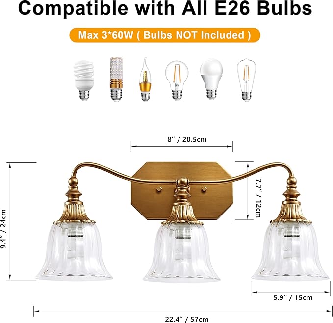 Gold Bathroom Vanity Light Fixture, 3 Lights Bathroom Lighting Matte Antique Brass Finish with Crystal Glass Shade, Gold Vintage Vanity Light for Bathrooms