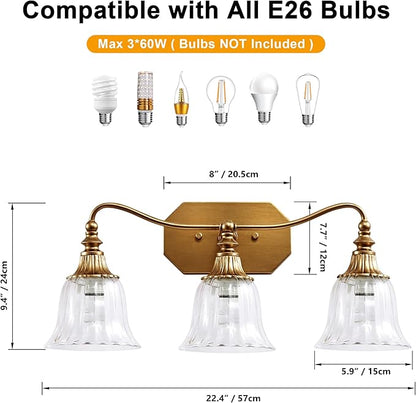 Gold Bathroom Vanity Light Fixture, 3 Lights Bathroom Lighting Matte Antique Brass Finish with Crystal Glass Shade, Gold Vintage Vanity Light for Bathrooms