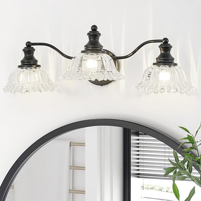 Black Bathroom Light Fixtures Over Mirror, 3 Light Vintage Bathroom Vanity Light Fixture with Clear Flower Glass Shades, Retro Vanity Lights for Bathroom, Bathroom Vanity Lights Over Mirror