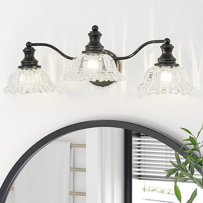 Black Bathroom Light Fixtures Over Mirror, 3 Light Vintage Bathroom Vanity Light Fixture with Clear Flower Glass Shades, Retro Vanity Lights for Bathroom, Bathroom Vanity Lights Over Mirror