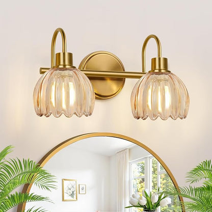 Bathroom Light Fixtures, 2-Light Brushed Gold Vanity Lights for Bathroom with Ribbed Amber Tulip Glass Shade, Vanity Lights Over Mirror for Bedroom, Living Room, Hallway