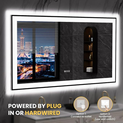 LOAAO 55"X30" LED Bathroom Mirror Black Framed | Anti-Fog, Dimmable, Memory Function, Tempered Glass, Lighted Vanity Mirror for Wall
