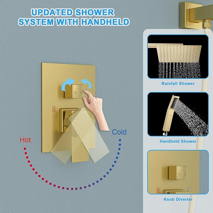 Lordear 12 Inch Rainfall Shower System Wall Mounted Shower Head Faucet Set Gold Brushed Stainless Steel Showerhead with Handheld Combo, Brass Valve Included