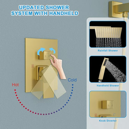 Gold Shower Faucet - Lordear 10 Inch Rain Shower System Wall Mounted Shower Head Faucet Set Stainless Steel Showerhead with Handheld Combo and Solid Brass Valve, Brushed Gold Finish