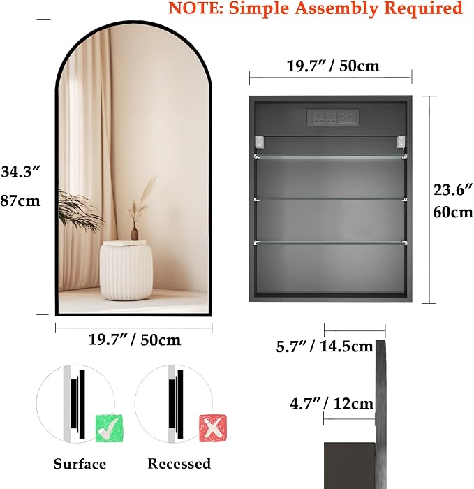 Arched Medicine Cabinet with Mirror,Bathroom Medicine Cabinet Wall Mounted,Bathroom Vanity Mirror with Storage 2 Power Outlets,Mirrored Cabinet with Adjustable Shelf, 20X34 Inch Black