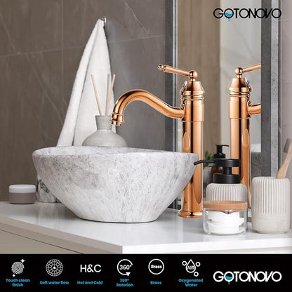 gotonovo Bathroom Vessel Sink Faucet Single Handle Brass Long Reach Bathroom Faucet 1 Hole Deck Mounted Mixer Tap with Pop Up Drain Rose Gold