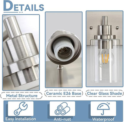 LOUSACE 5 Light Bathroom Vanity Light Brushed Nickel, Bathroom Lighting Fixtures with Clear Glass Shades Over Vanity Mirror, Modern Wall Sconces Fixtures for Bedroom Living Room, E26 Socket