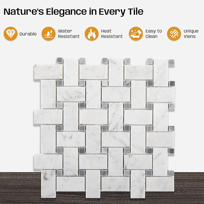 1×2 Inch Basketweave Carrara Marble Mosaic Tile for Kitchen Bathroom Floor | Water & Heat Resistant Polished Marble Backsplash Tiles for Wall Fireplace Surround Durable Unique Veins 2.8SQFT