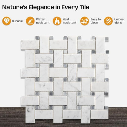 1×2 Inch Basketweave Carrara Marble Mosaic Tile for Kitchen Bathroom Floor | Water & Heat Resistant Polished Marble Backsplash Tiles for Wall Fireplace Surround Durable Unique Veins 2.8SQFT