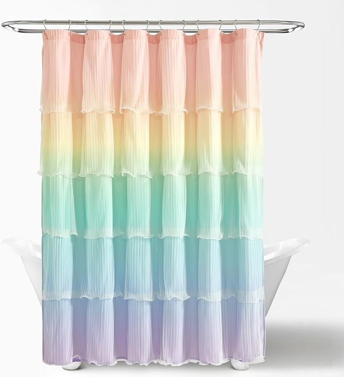 Lush Decor Rainbow Ombre Nerina Ruffled Shower Curtain Single 72" W x 72" L Rainbow -Colorful Shower Curtains for Bathroom - Kids Bathroom Decor