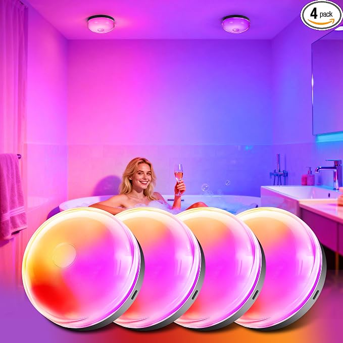 Waterproof Shower Light 4 Pack, 15 Colors Rechargeable LED with Remote | Wireless Shower Light with Dimmable & Timer for Inside Shower, Magnetic LED Ceiling Light for Bathroom Shower Closet Bedroom