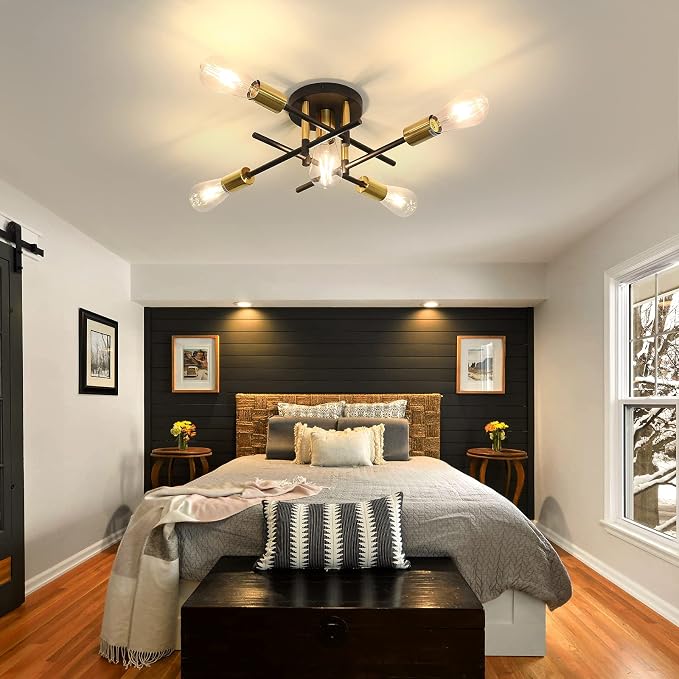 UOFUS Farmhouse 5-Light Semi Flush Mount Ceiling Light Fixture with E26 Modern Matte Black and Gold Chandelier Sputnik Ceiling Lamp for Hallway Kitchen Dining Room Bedroom Study Living Room Bathroom