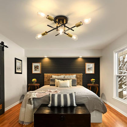 UOFUS Farmhouse 5-Light Semi Flush Mount Ceiling Light Fixture with E26 Modern Matte Black and Gold Chandelier Sputnik Ceiling Lamp for Hallway Kitchen Dining Room Bedroom Study Living Room Bathroom