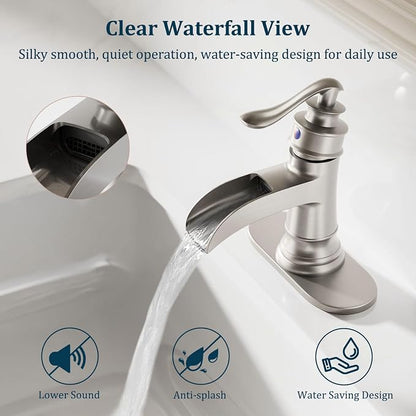 Brushed Nickel Waterfall Bathroom Faucet Single Handle Bathroom Sink Faucet | 1 Hole or 3 Hole Sink Brass Waterfall Faucet for Vintage Antique Lavatory Washroom with Pop Up Drain Deck Plate by BATHLAVISH