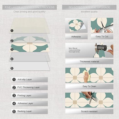 Teal Beige Geometric Peel and Stick Floor Tiles 12x12 Inch 10PCS | Teal beige cream minimalist geometric flower pattern vinyl floor stickers for kitchen bathroom entryway and indoor home decor