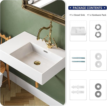 DeerValley 23x16 Inch Wall Mount Bathroom Sink, White Ceramic Rectangular Wall Hung Sink with Right Side Faucet Hole, DV-1WS0126R