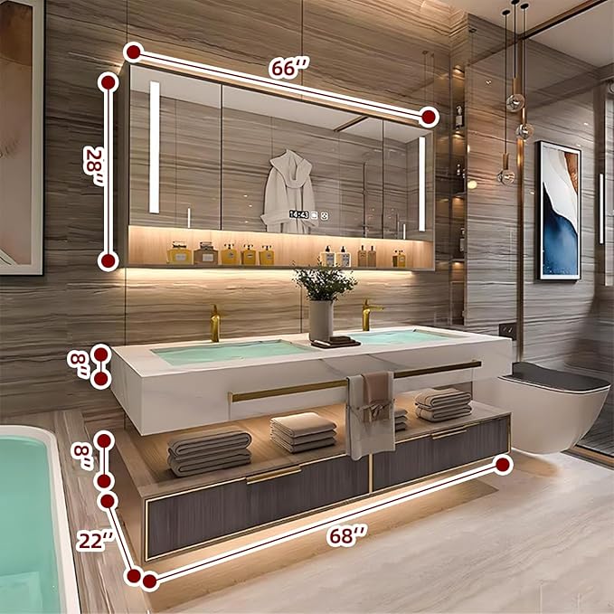 Double Bathroom Vanities, Floating Bathroom Vanity with Sink, Luxury Bathroom Vanity Set Includes Slate Countertop, Vanity Cabinet with Towel Bar & Defog Mirror Cabinet with Lights(68 inch)