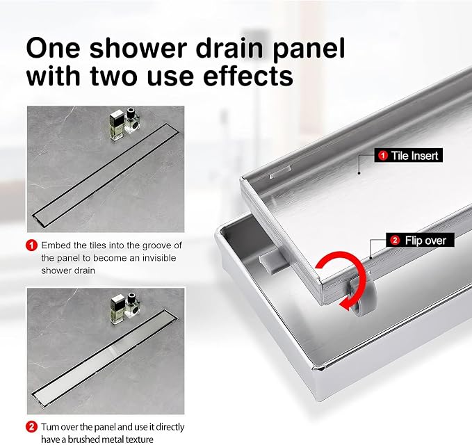 SaniteModar Linear Shower Drain 28 inch Brushed with Tile Insert Panel | AISI 304 Stainless Steel Brushed Linear Dain Rectangle Shower Floor Drain with Hair Strainer and Leveling Feet
