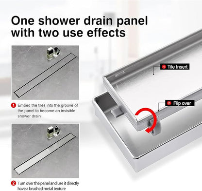 SaniteModar Linear Shower Drain 36 inch Brushed with Tile Insert Panel | AISI 304 Stainless Steel Brushed Linear Dain Rectangle Shower Floor Drain with Hair Strainer and Leveling Feet