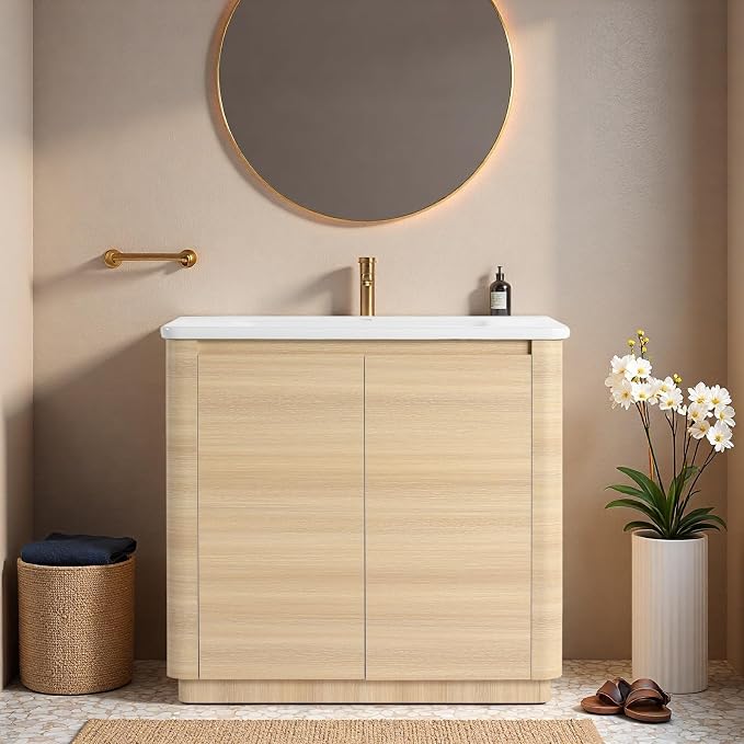 36" Bathroom Vanity with Ceramic Sink, Freestanding Bathroom Vanity with 2-Soft-Close Door, Soft-Closing Hinges & Hidden Handles for Home, Farmhouse, Easy to Clean Design, White Oak