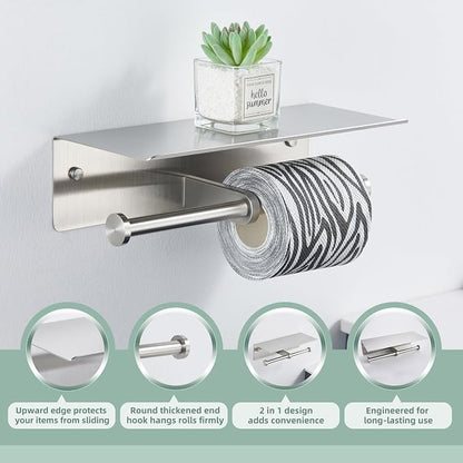 Brushed Nickel Double Toilet Paper Holder with Shelf, Wall Mounted | 304 Stainless Steel, Rust-resistant for Bathroom Restroom Powder Room, Dual Rolls Tissue Holder, Large Phone Storage