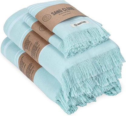 Sand Cloud Turkish Premium Bath Towels for Bathroom - Large, Set of 4 | 100% Certified Organic Turkish Cotton Yarn - Lightweight, Soft & Absorbent - Dry Faster & Cleaner - Classic Seaglass