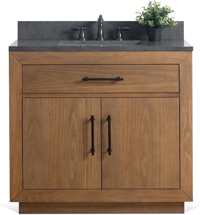 HOMEBEYOND 36" Bathroom Vanity with Single Sink & Ceramic Top, MDF Material Vanity Cabinet with Basin Combo, Soft-Closing Doors, Removable Shelf, Backsplash, Tan