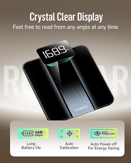 RunStar Digital Bathroom Scale for Body Weight with High Precision, Clear LED Backlight Display, Accurate Scale with Durable Tempered Glass, 400lb, Silver